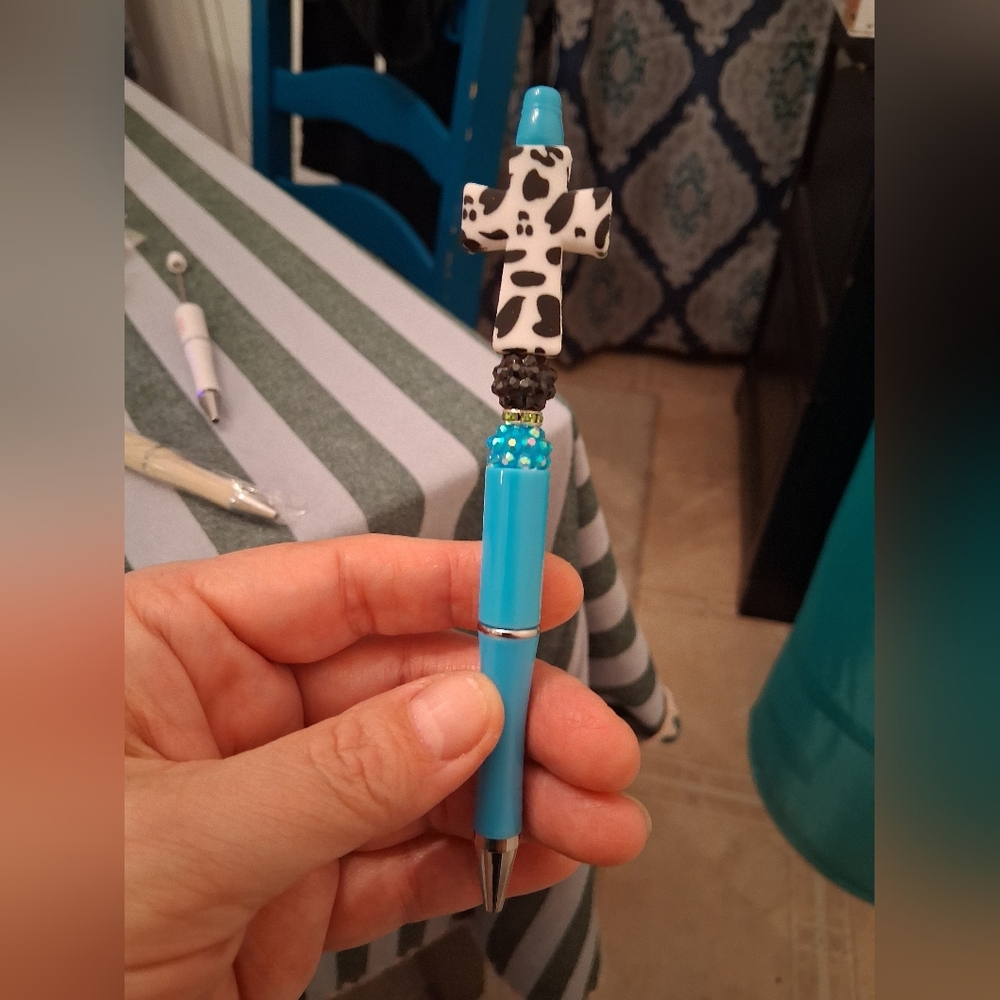 Blue and Black Beaded Pen with Cross Topper